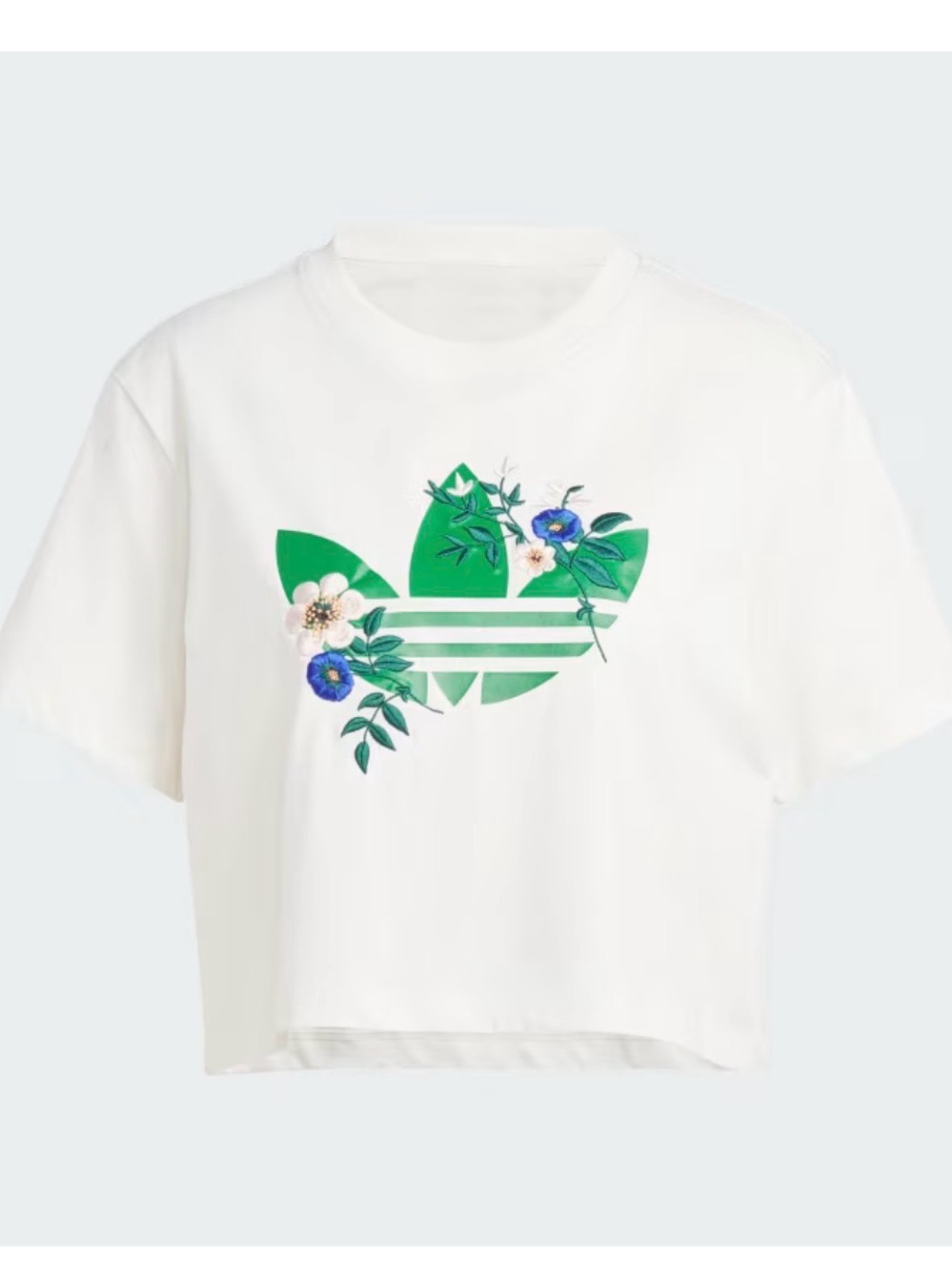 adidas White Crop Tee with Green Trefoil and Blue Floral Accents